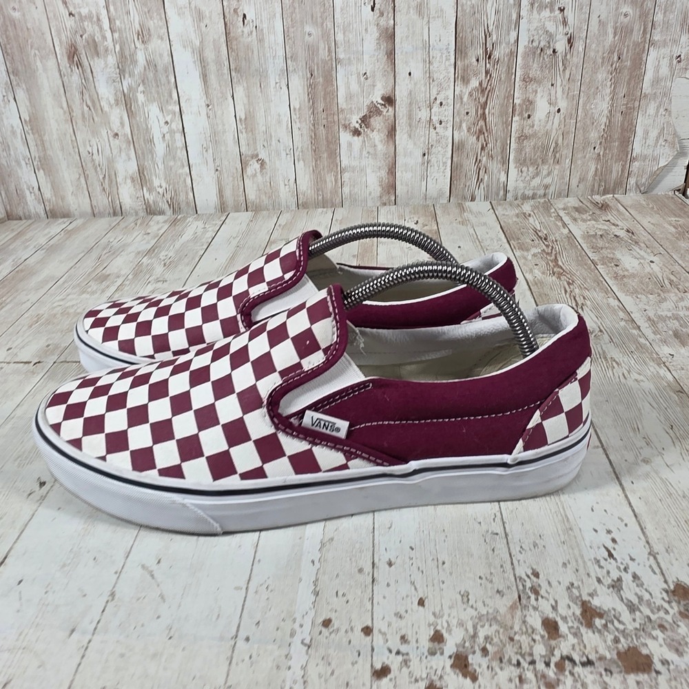 Vans Classic Slip-On Burgundy White Checkerboard Canvas Skate Shoes Mens 10 - Picture 4 of 8